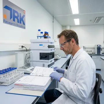 Scientist reviewing pharmaceutical formulation data in a GMP laboratory