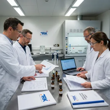 Pharmaceutical team collaborating on drug development documentation