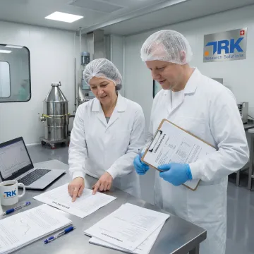 Scientist and manufacturing specialist reviewing pharmaceutical batch plans