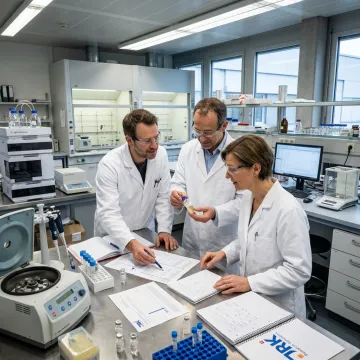 Pharmaceutical scientists reviewing product development data