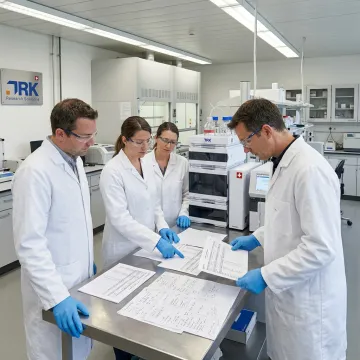Pharmaceutical team evaluating drug development data