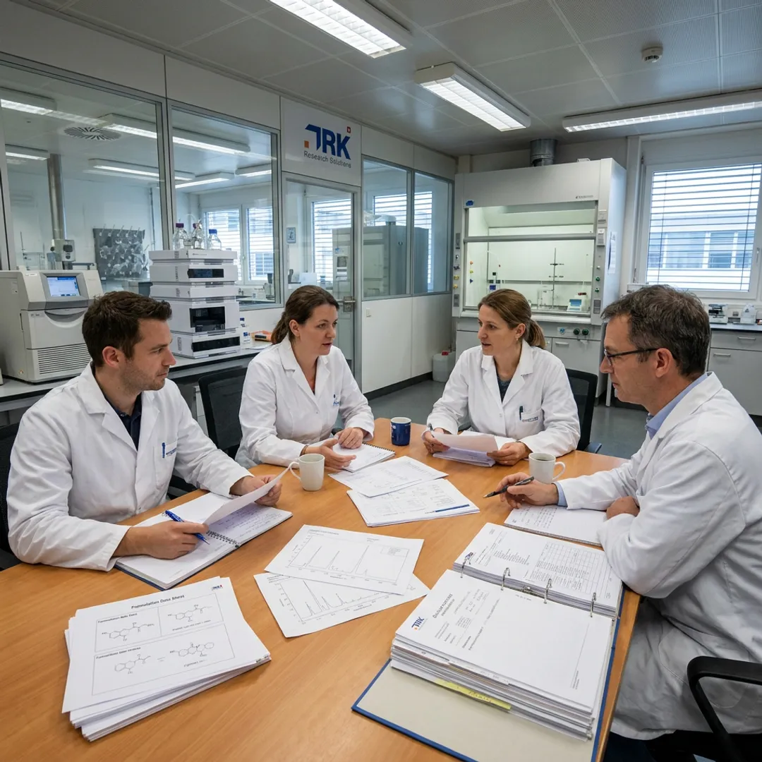Pharmaceutical team evaluating formulation and manufacturing data