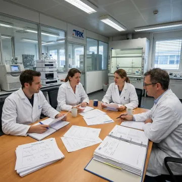 Pharmaceutical team evaluating formulation and manufacturing data