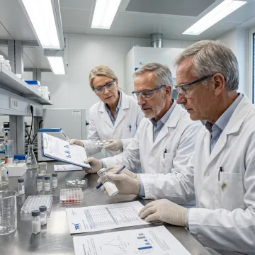 Scientists reviewing a small molecule manufacturing process