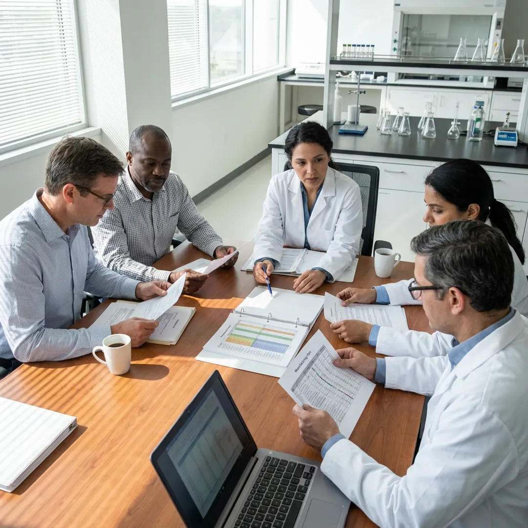 Pharmaceutical team evaluating formulation and manufacturing plans