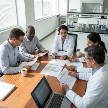 Pharmaceutical team evaluating formulation and manufacturing plans