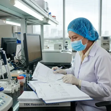 Pharmaceutical analyst reviewing laboratory results