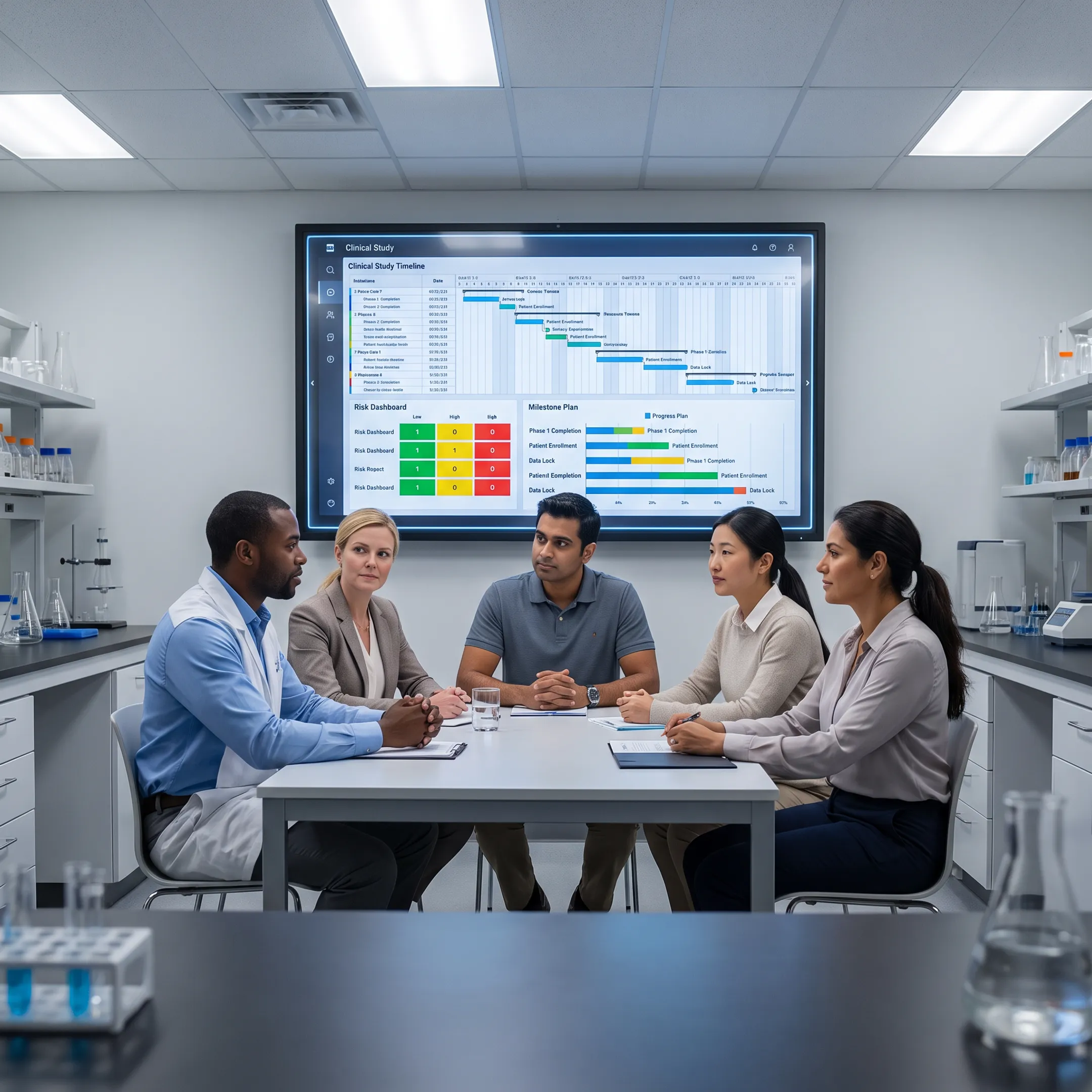 Clinical team reviewing trial milestones