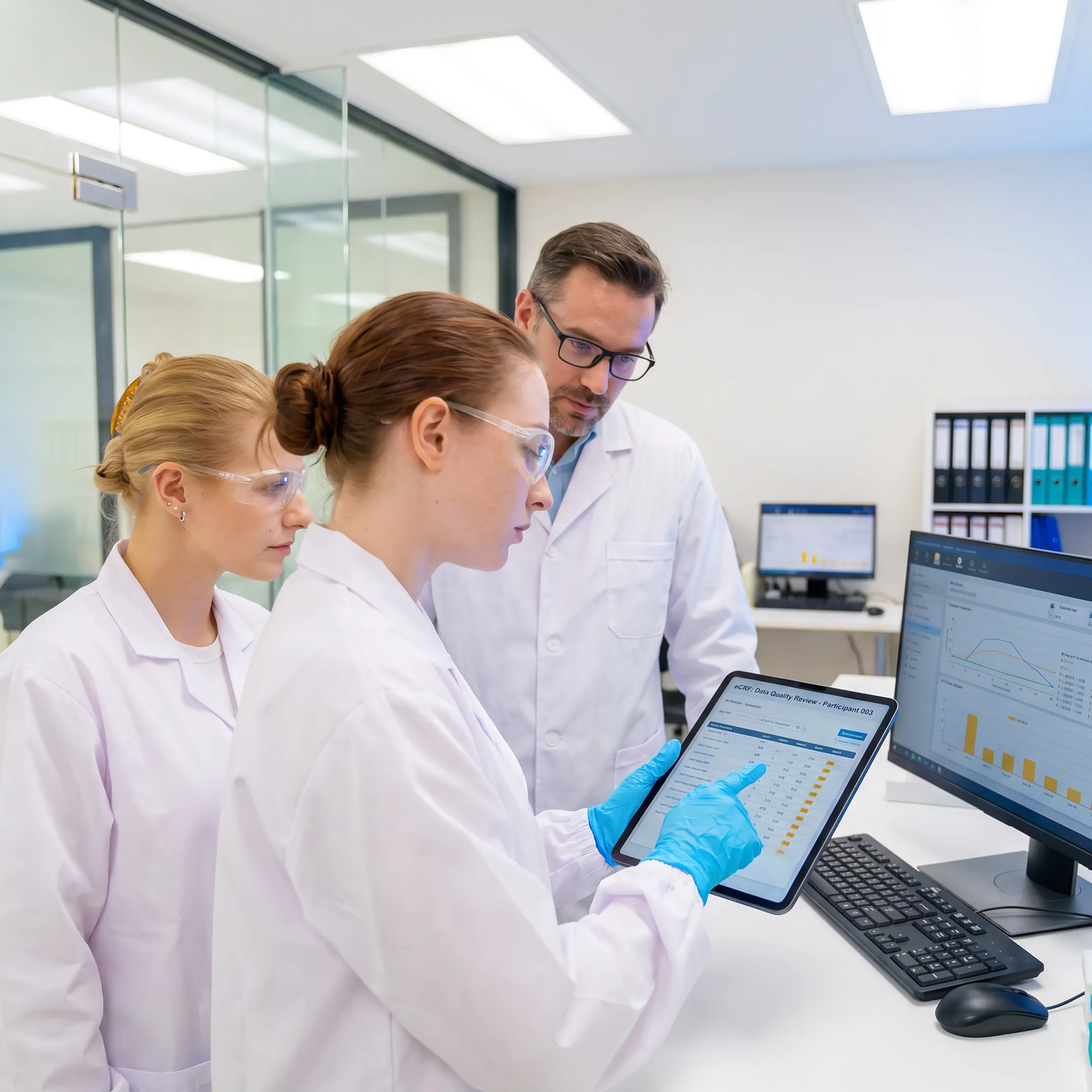 Clinical research associate reviewing trial data with a site team