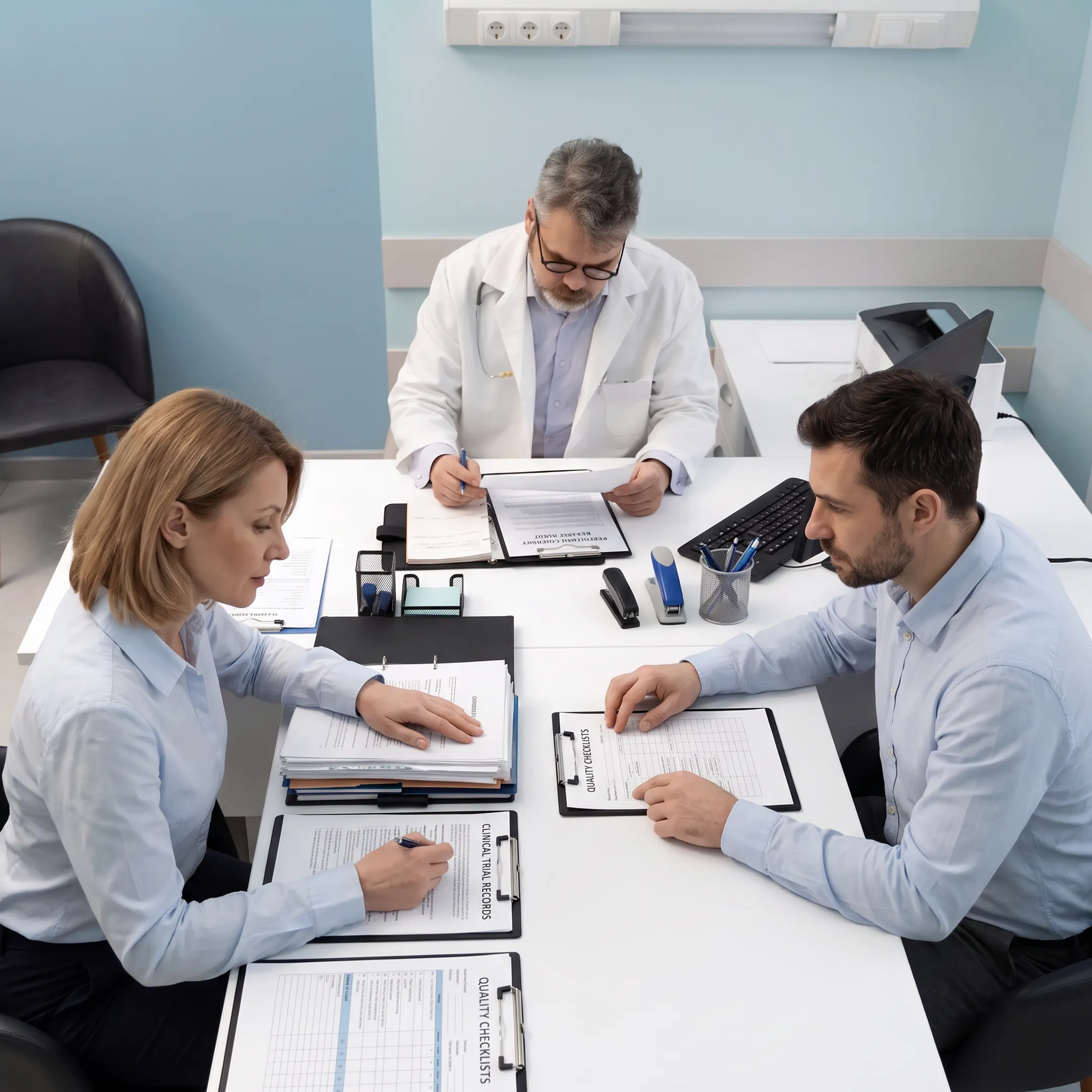 Pharmaceutical compliance advisor reviewing clinical trial records