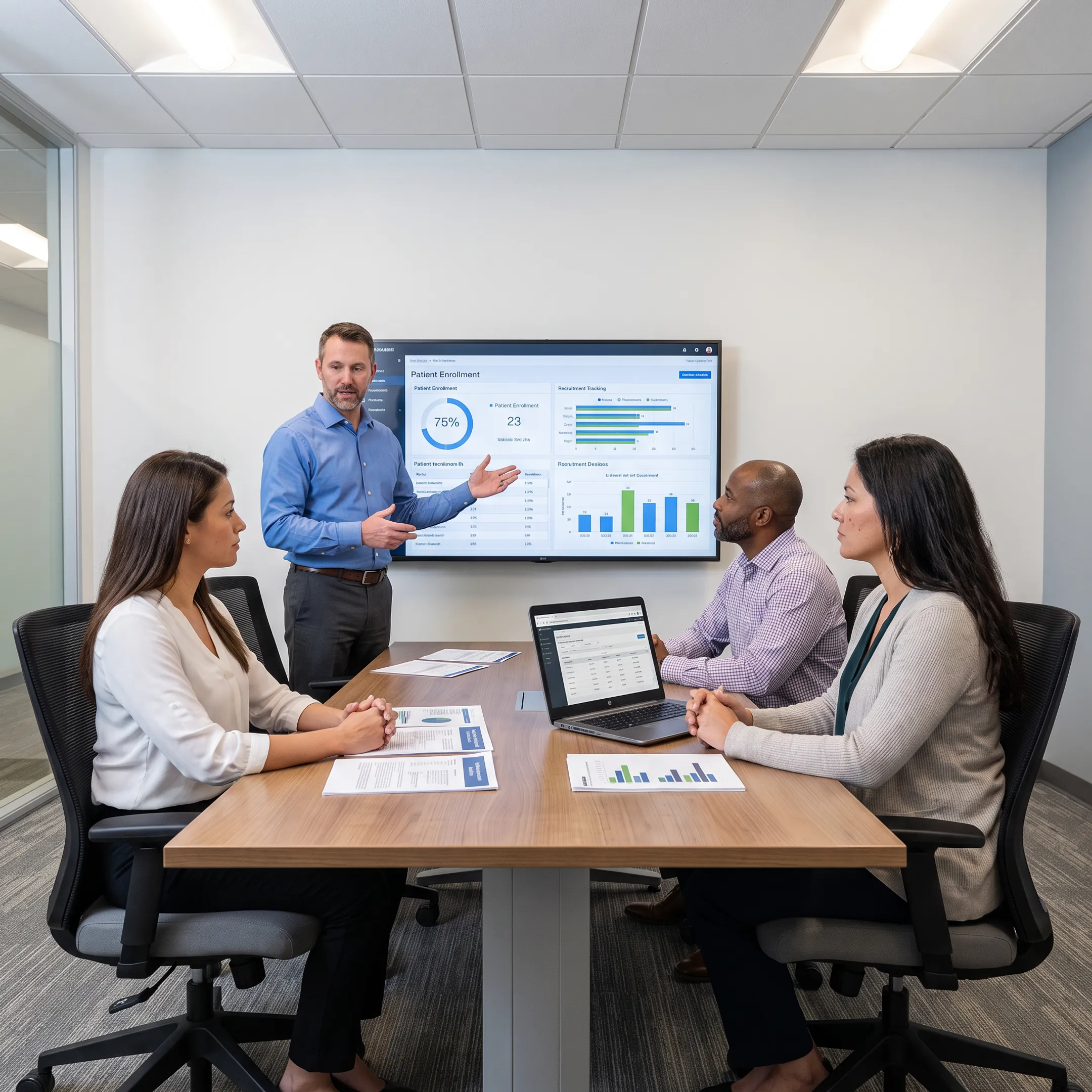 Clinical trial team reviewing patient recruitment plan