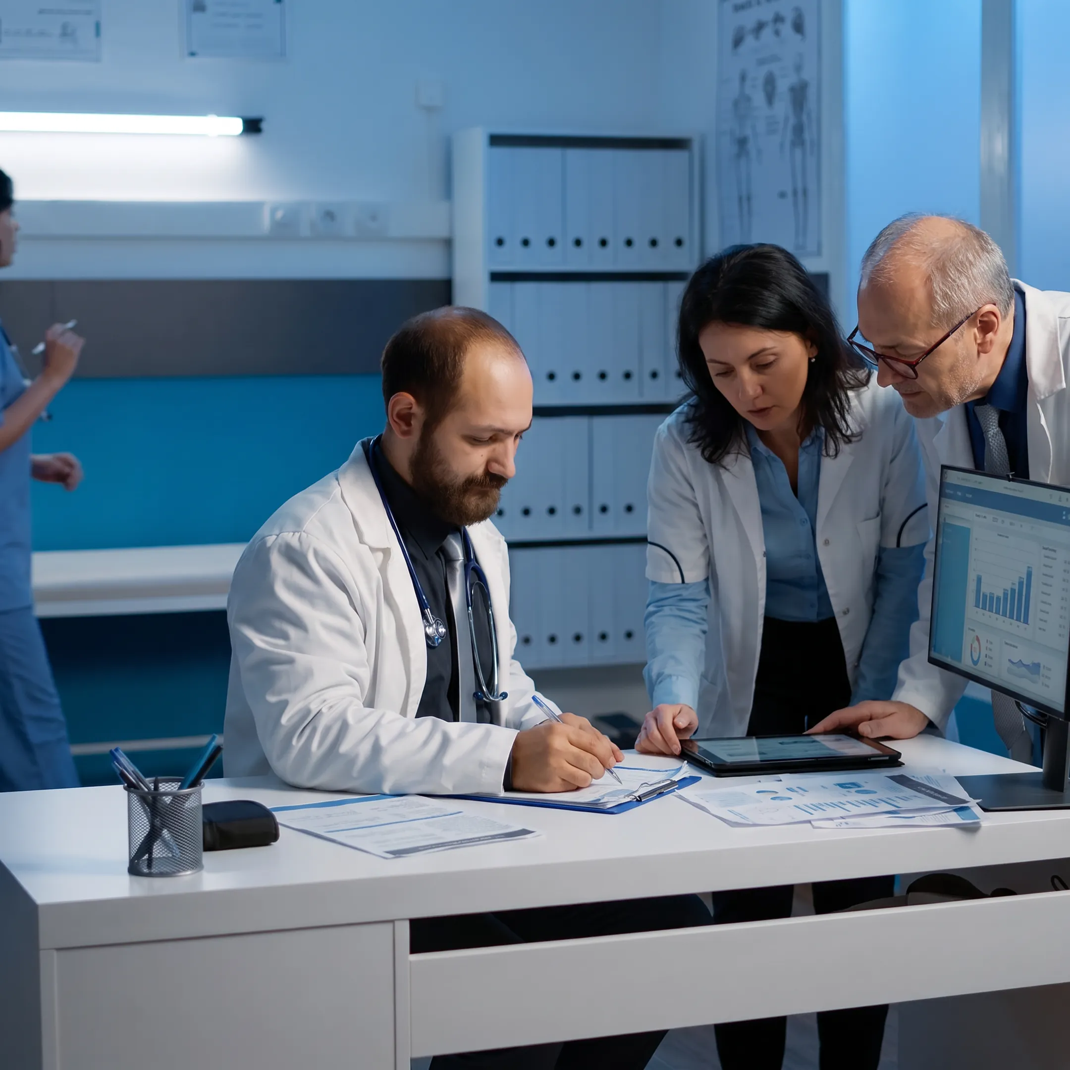 Oncology research team reviewing clinical trial data