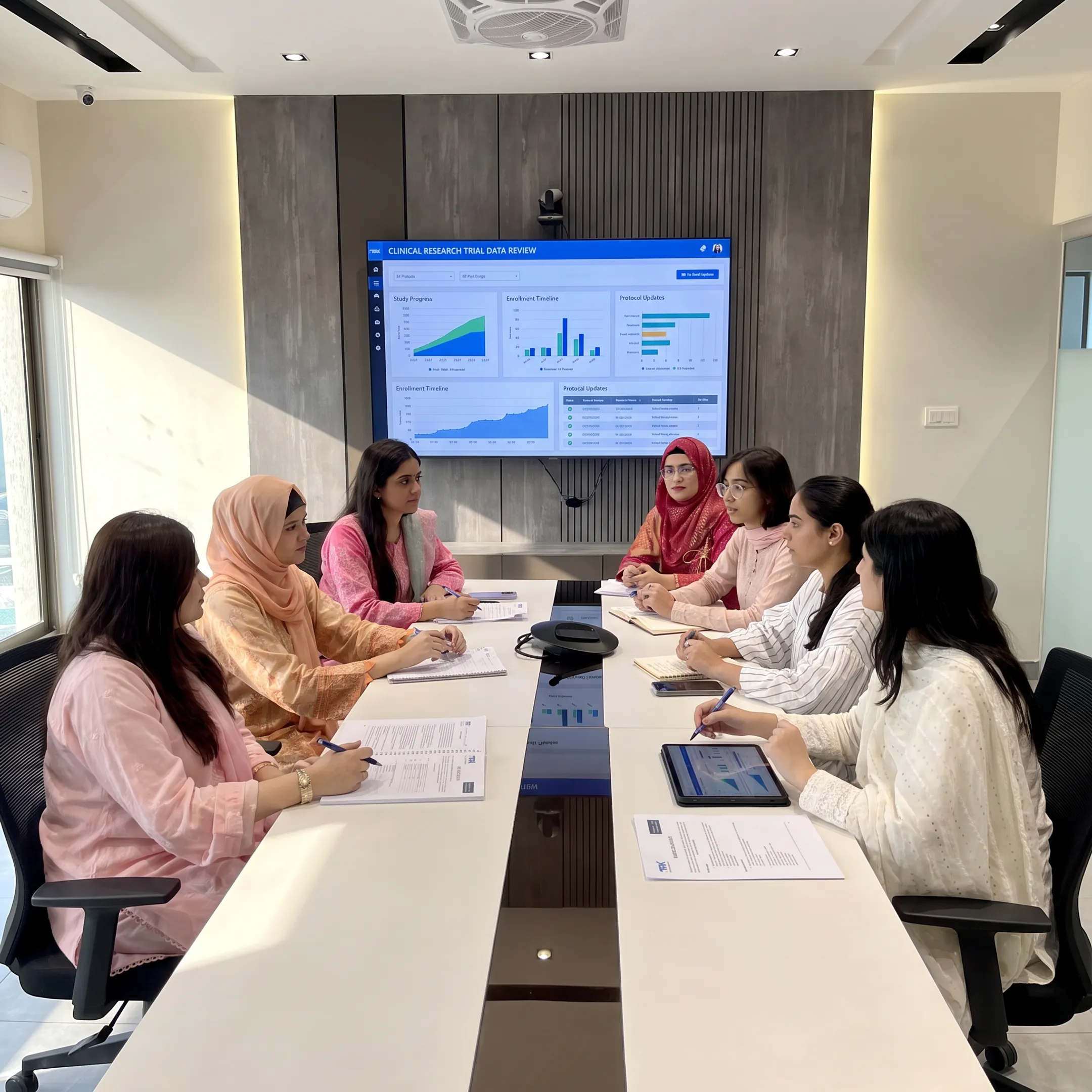 Clinical research team reviewing trial data