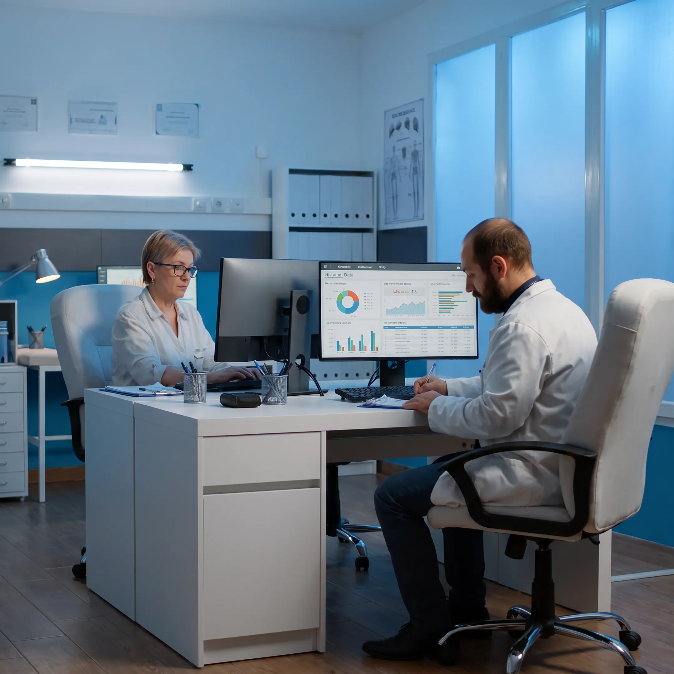 Clinical team reviewing AI-supported trial data