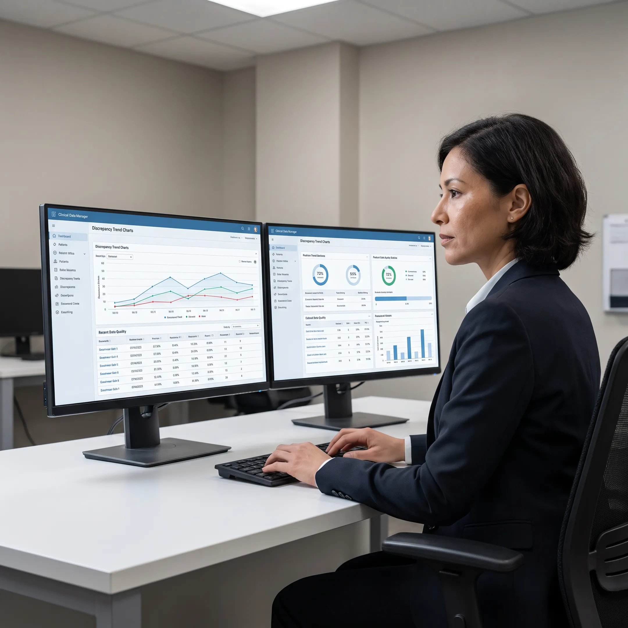 Data manager reviewing clinical trial analytics