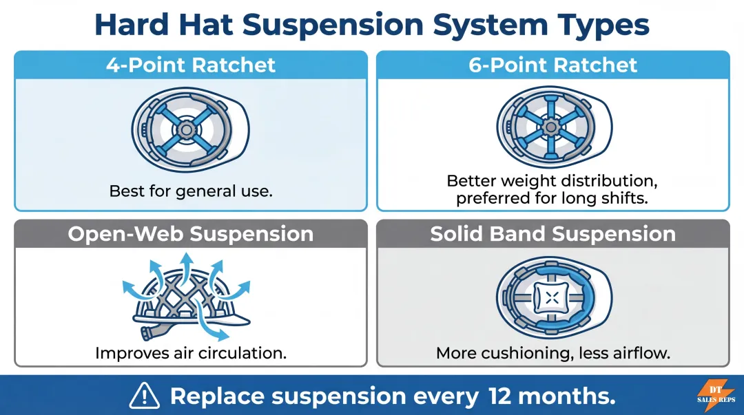 Hard hat suspension system comparison showing 4-point 6-point open-web and sweatband options