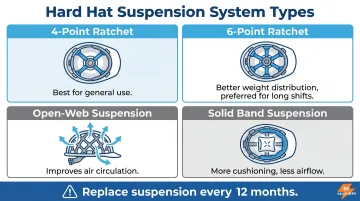 Hard hat suspension system comparison showing 4-point 6-point open-web and sweatband options