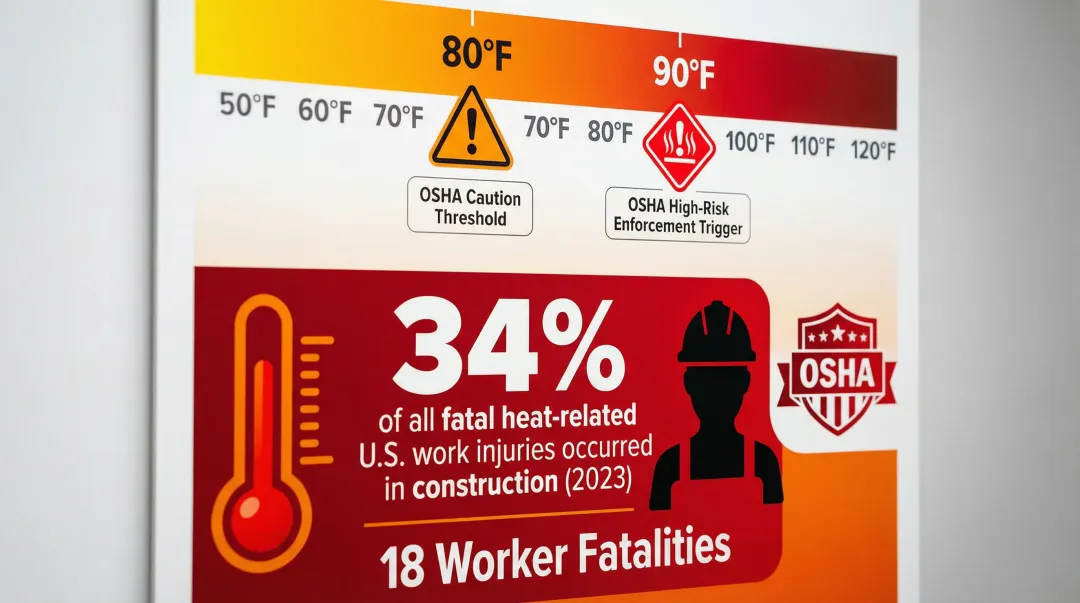 OSHA heat illness enforcement thresholds and construction heat injury statistics infographic