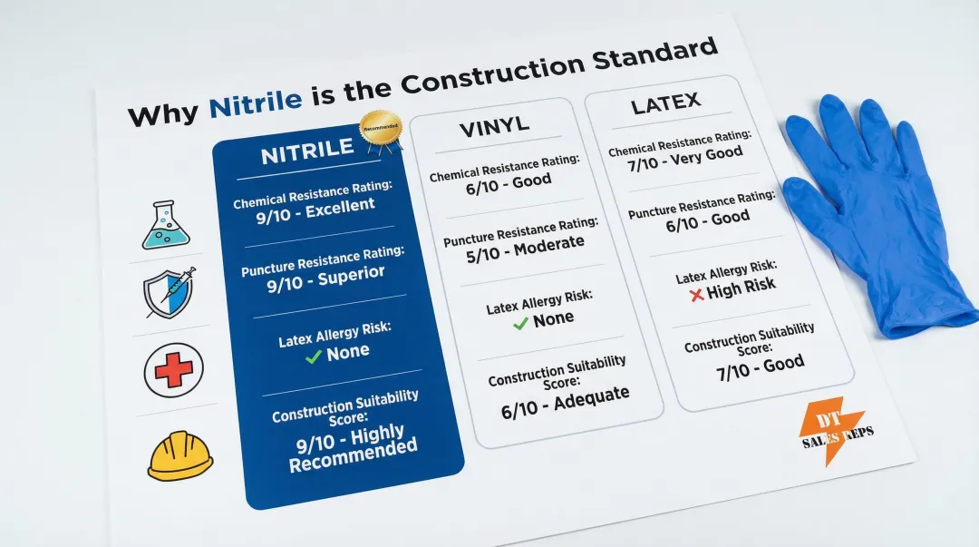 Nitrile versus vinyl versus latex disposable glove material comparison for construction use