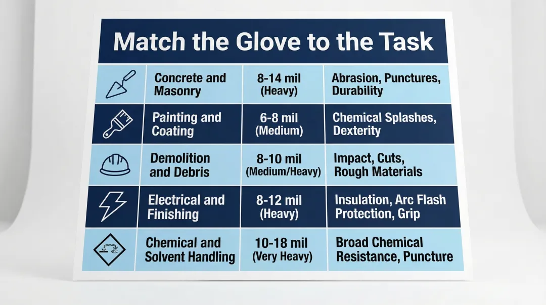 Construction task to disposable glove specification matching chart for jobsite crews