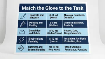 Construction task to disposable glove specification matching chart for jobsite crews