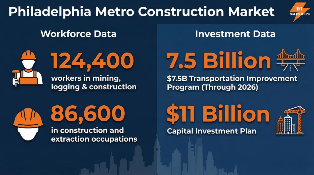 Philadelphia metro construction workforce statistics and infrastructure investment figures infographic