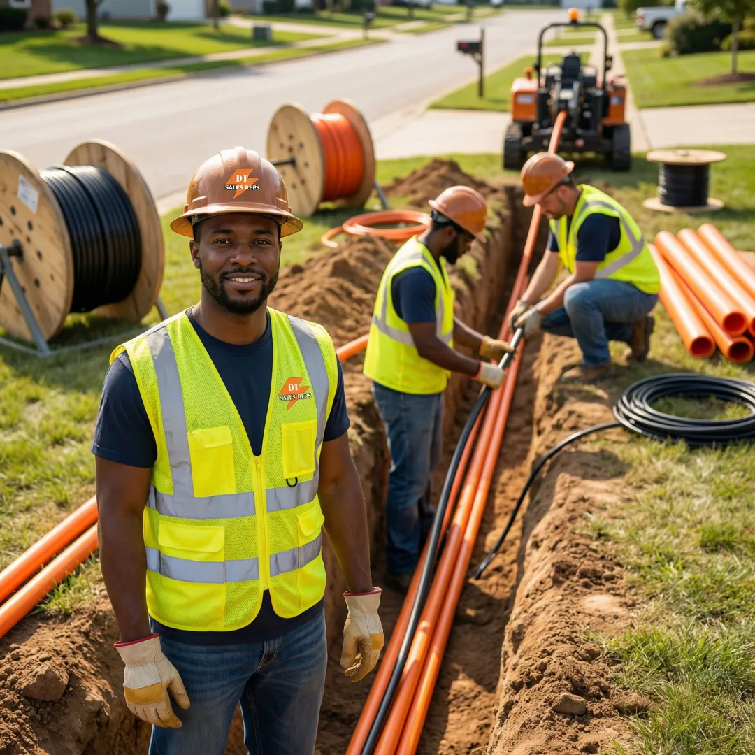 OSP contractor installing fiber optic conduit in an outdoor trench with HDPE pipe and telecom materials on site