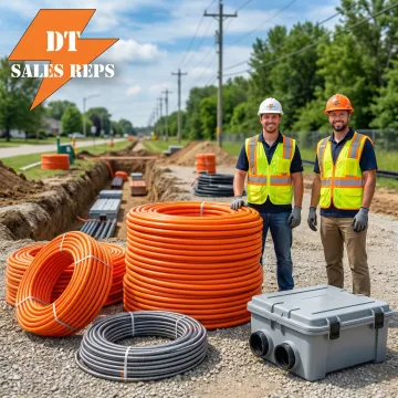 Outside plant fiber and OSP materials including HDPE conduit, fiber cable, and pull boxes at a telecom infrastructure jobsite