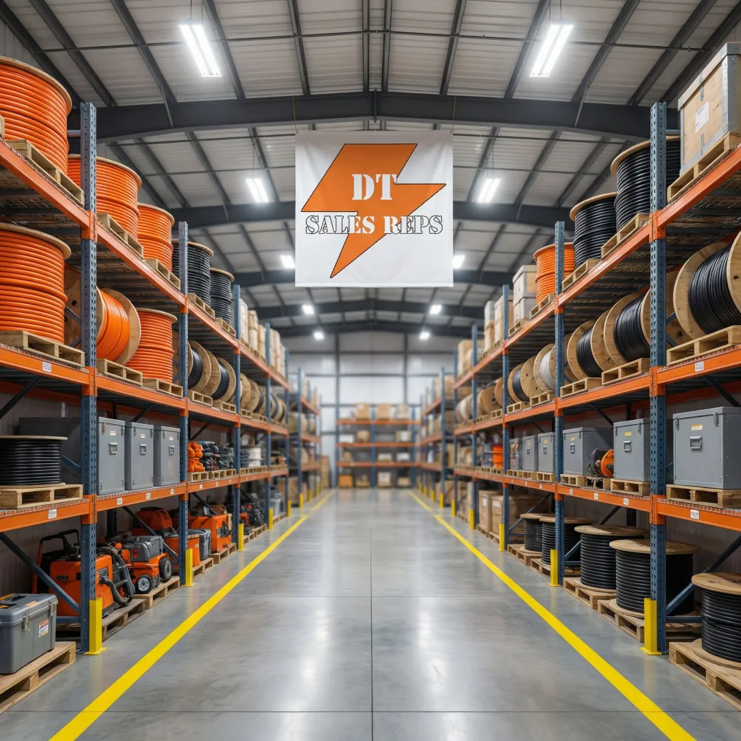 Hardware distributor warehouse with shelves stocked with conduit, cable, and construction supplies