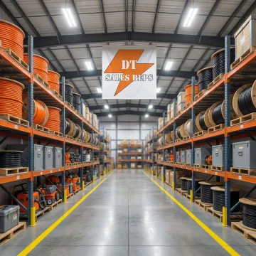 Hardware distributor warehouse with shelves stocked with conduit, cable, and construction supplies