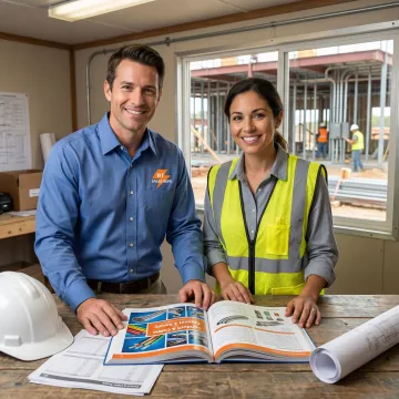 Sales representative reviewing hardware supply catalog with a construction contractor