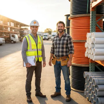 DT Sales Reps representative reviewing conduit and pipe supply inventory with a distributor