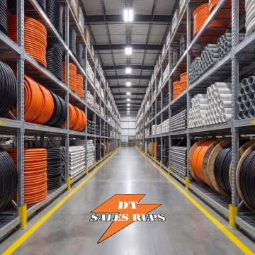Industrial utility pipe and conduit supply warehouse with HDPE reels and cable on shelves
