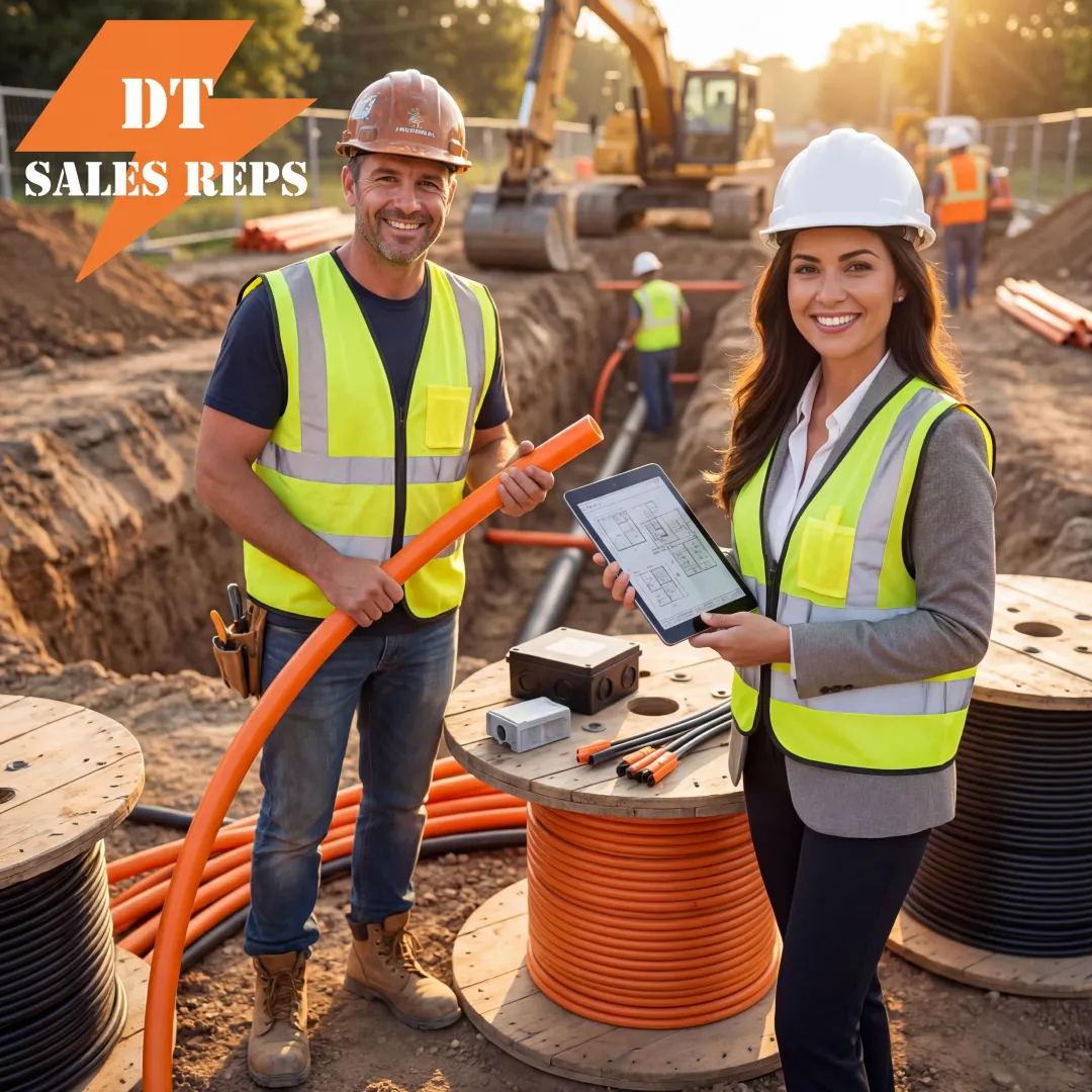 Construction supply professional reviewing conduit and cable materials on a jobsite