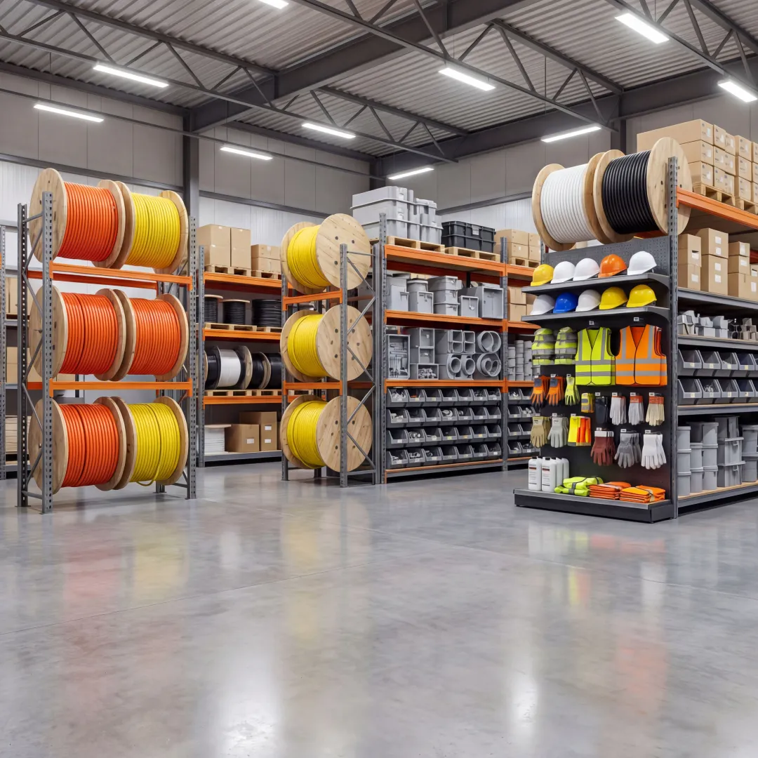 Construction supply warehouse with conduit, cable, and jobsite materials