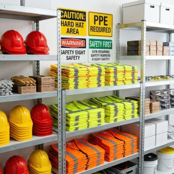 Safety equipment supplier in Bolingbrook providing helmets, gloves, and jobsite signs to construction workers