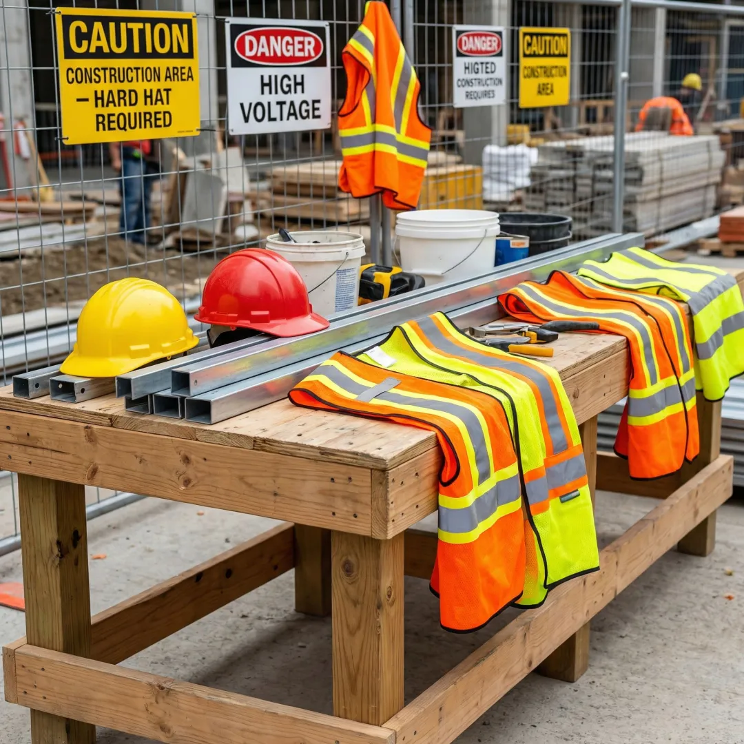 Safety equipment including hard hats, gloves, and safety vests arranged on a construction site