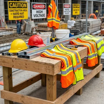 Safety equipment including hard hats, gloves, and safety vests arranged on a construction site