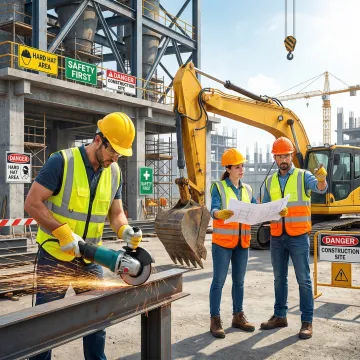 Construction workers in Virginia wearing full safety gear on an industrial job site