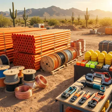 Construction supply tools and conduit materials laid out on a professional jobsite in Tucson