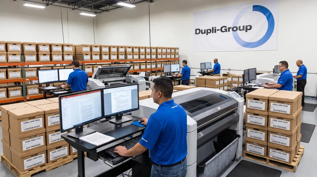 Professional document scanning facility processing legal case files with OCR