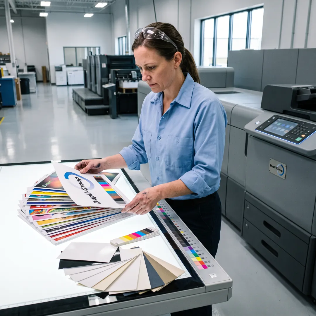 Print specialist reviewing colorful proofs