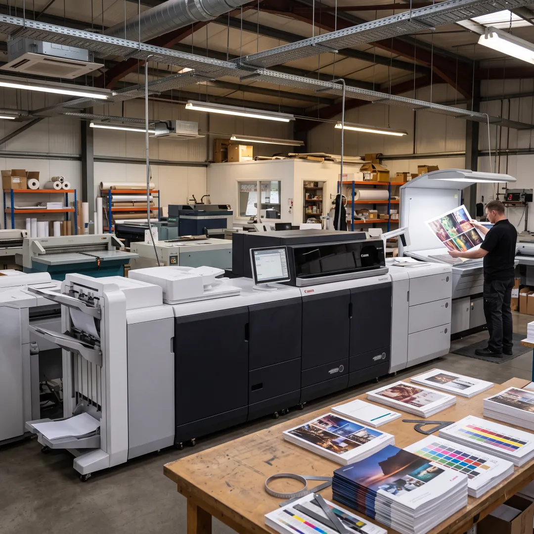 Operator reviewing branded print sheets