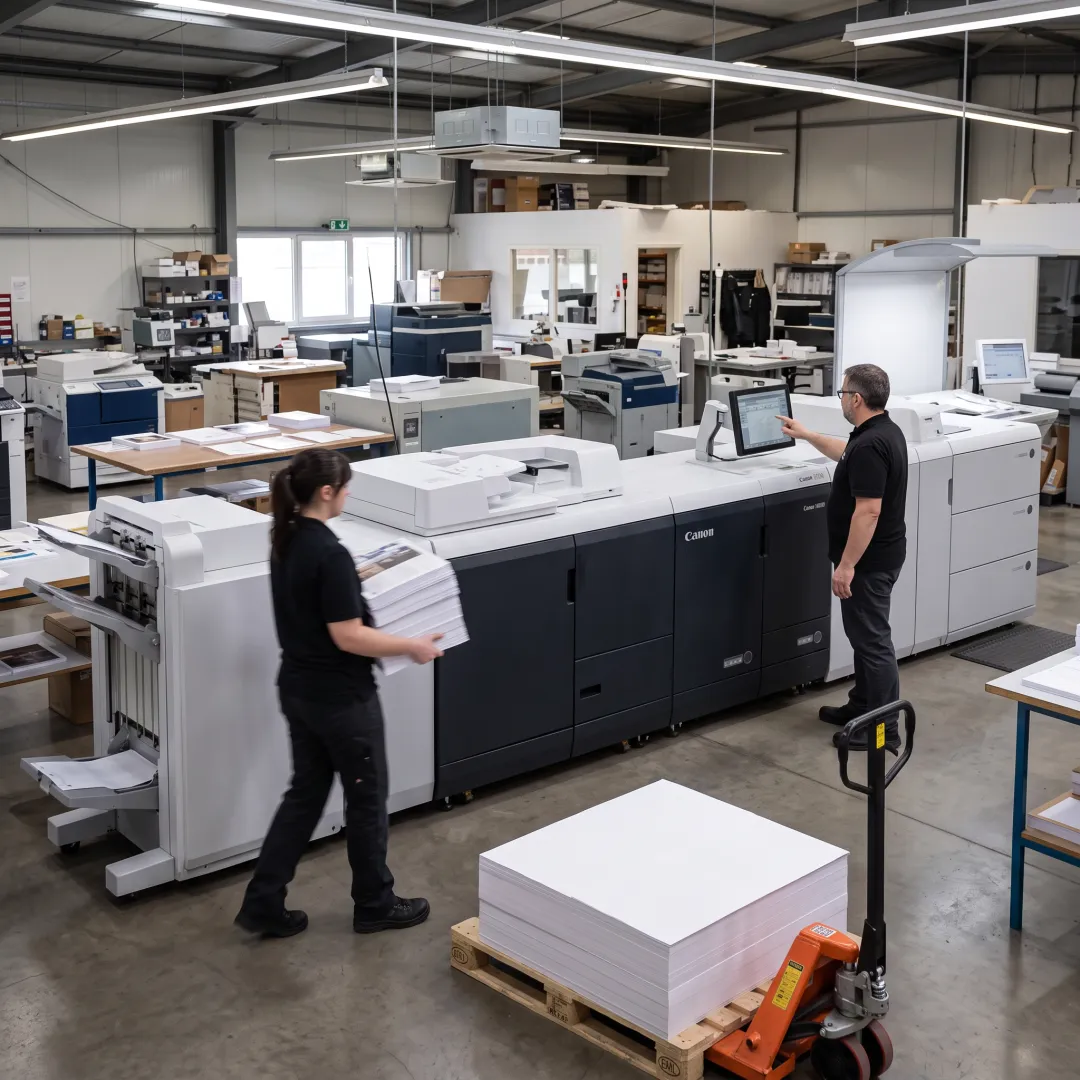Professionally printed business materials on a worktable