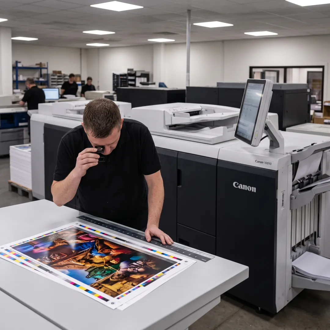 Designer reviewing branded print samples