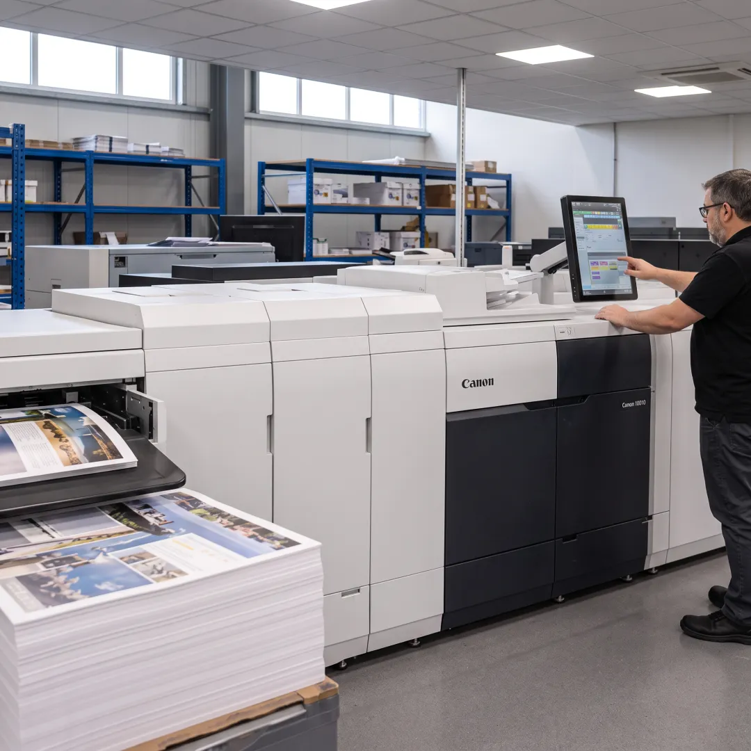 Chicago print professional reviewing colorful marketing materials