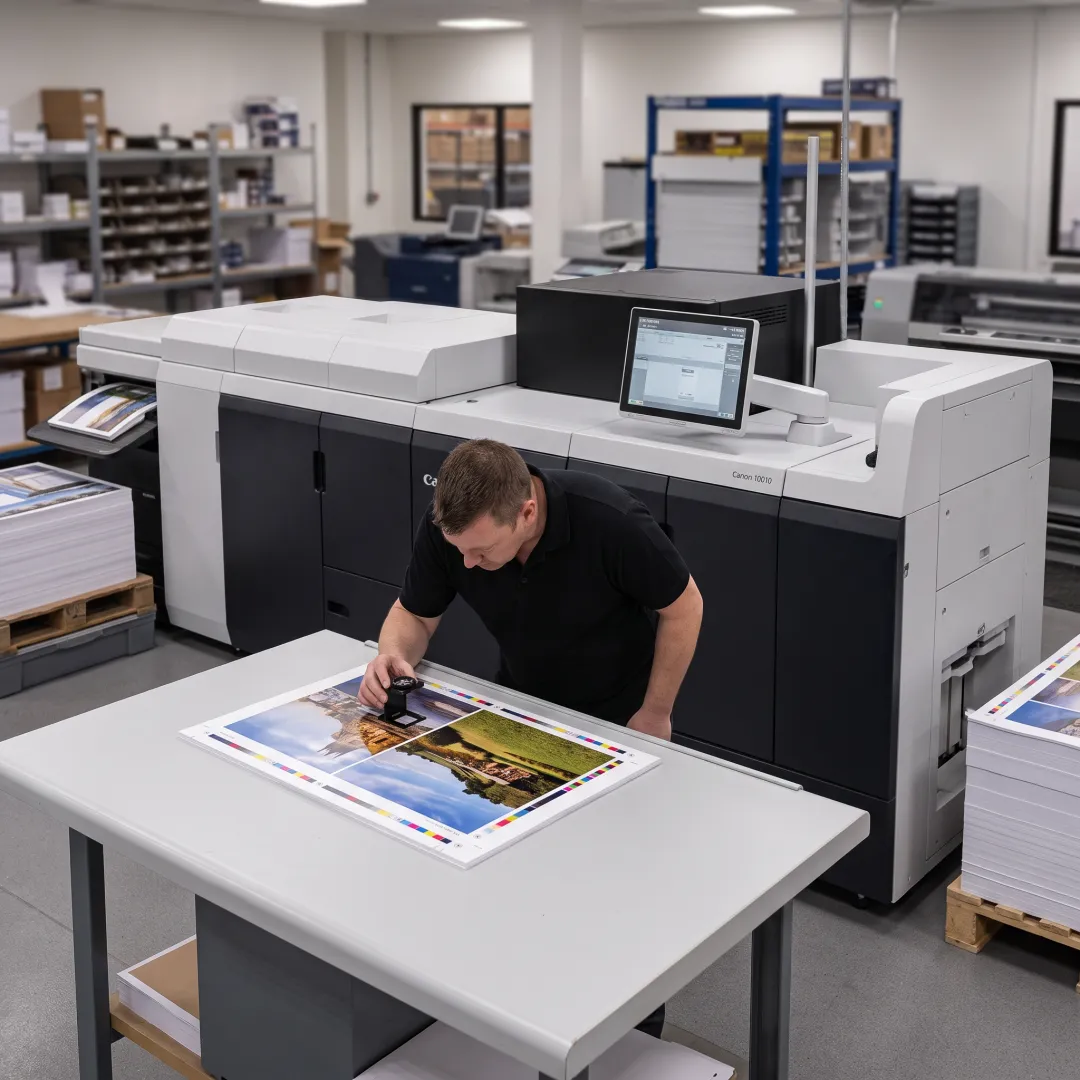 Colorful custom promotional flyers on a print shop table