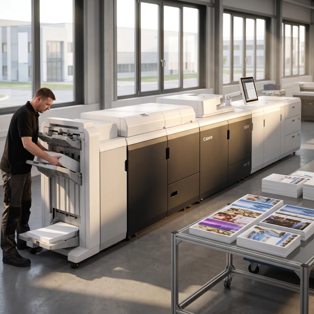 Printer reviewing custom newsletter pages