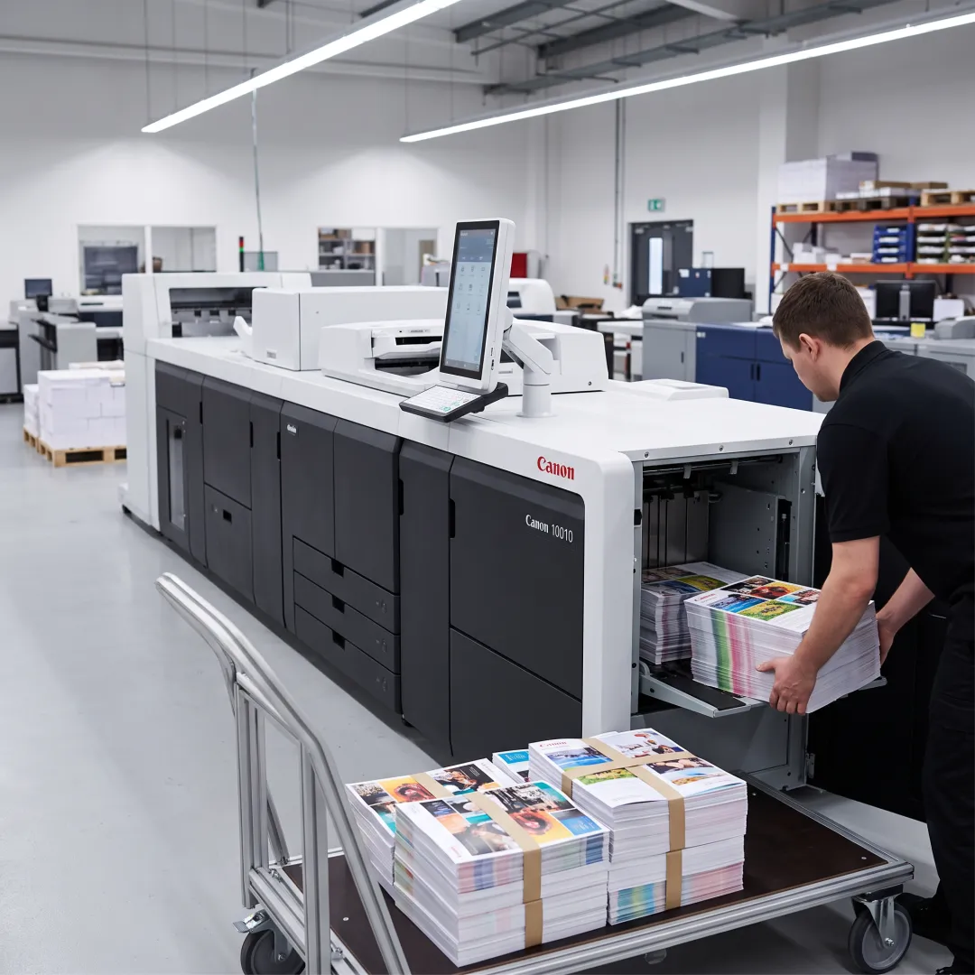 Designer reviewing branded print samples