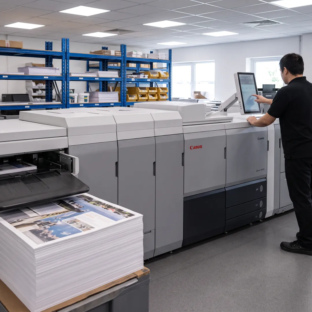 Print specialist inspecting branded business materials